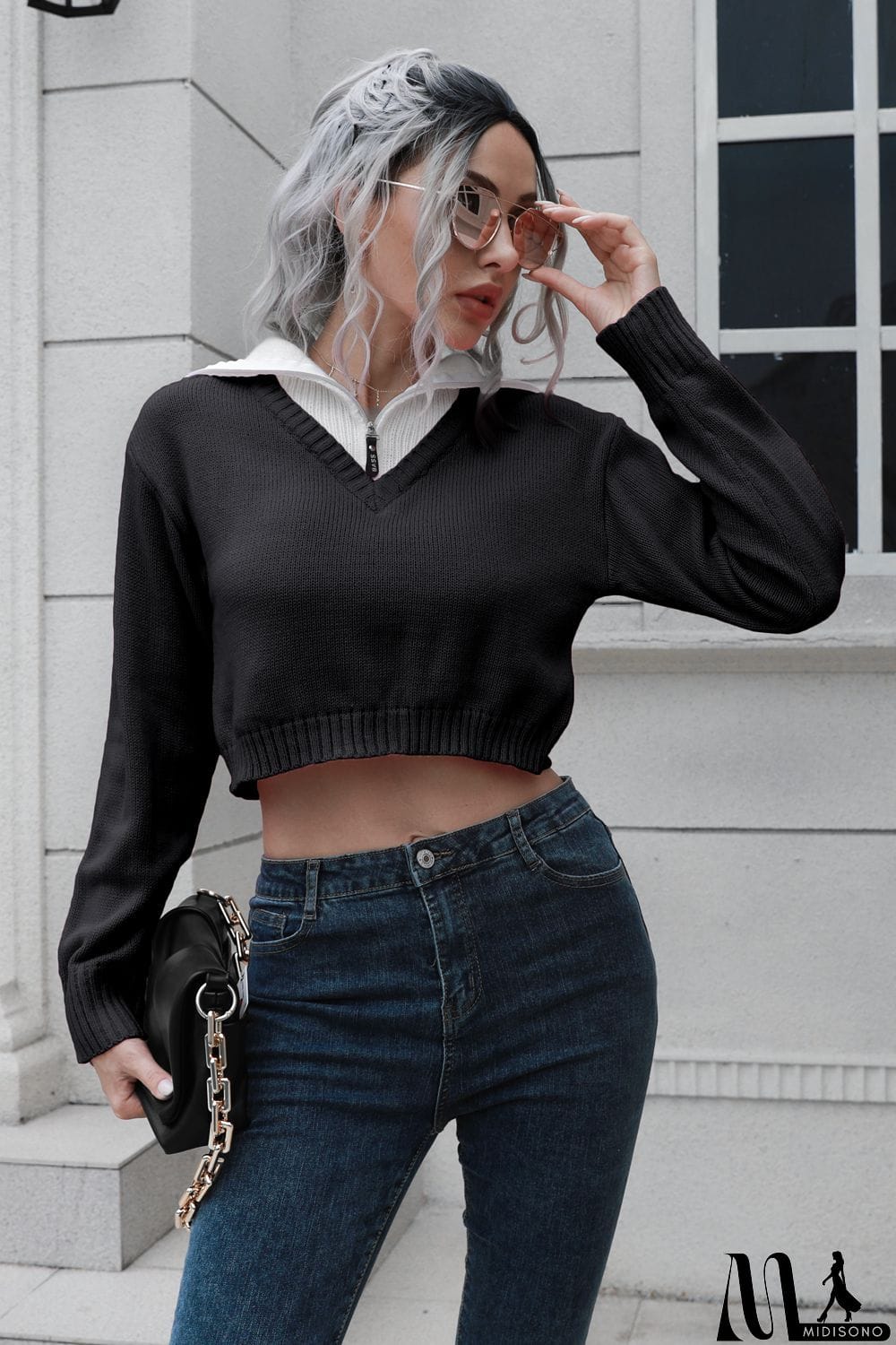 MidiSono - Contrast Collared Cropped Sweater