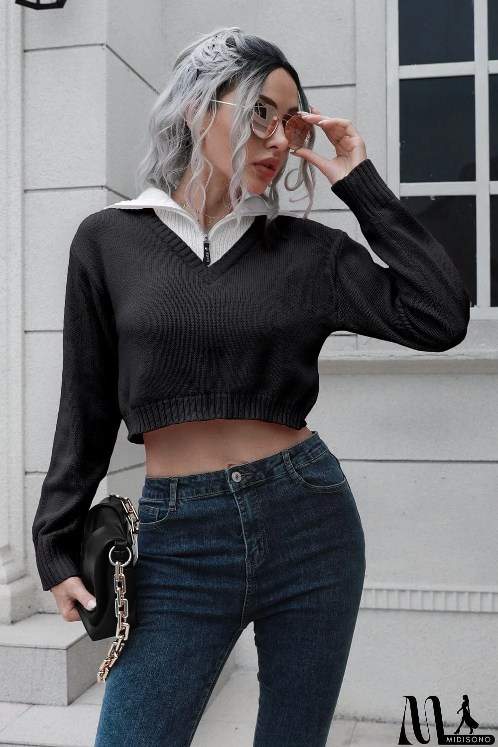 MidiSono - Contrast Collared Cropped Sweater