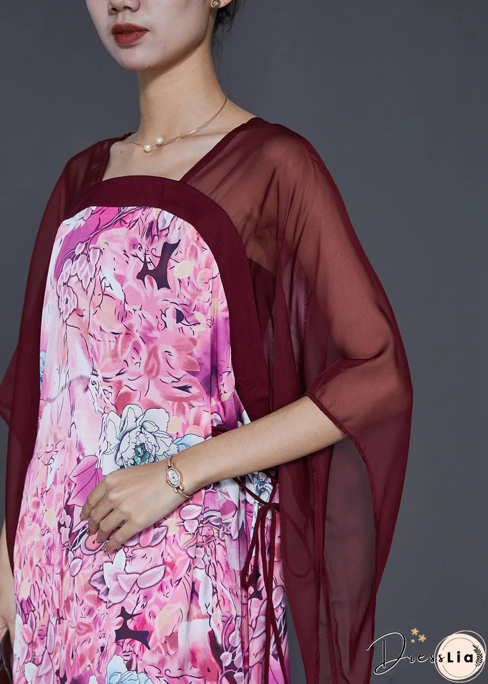 Modern Purple Square Collar Patchwork Print Chiffon Dresses Summer