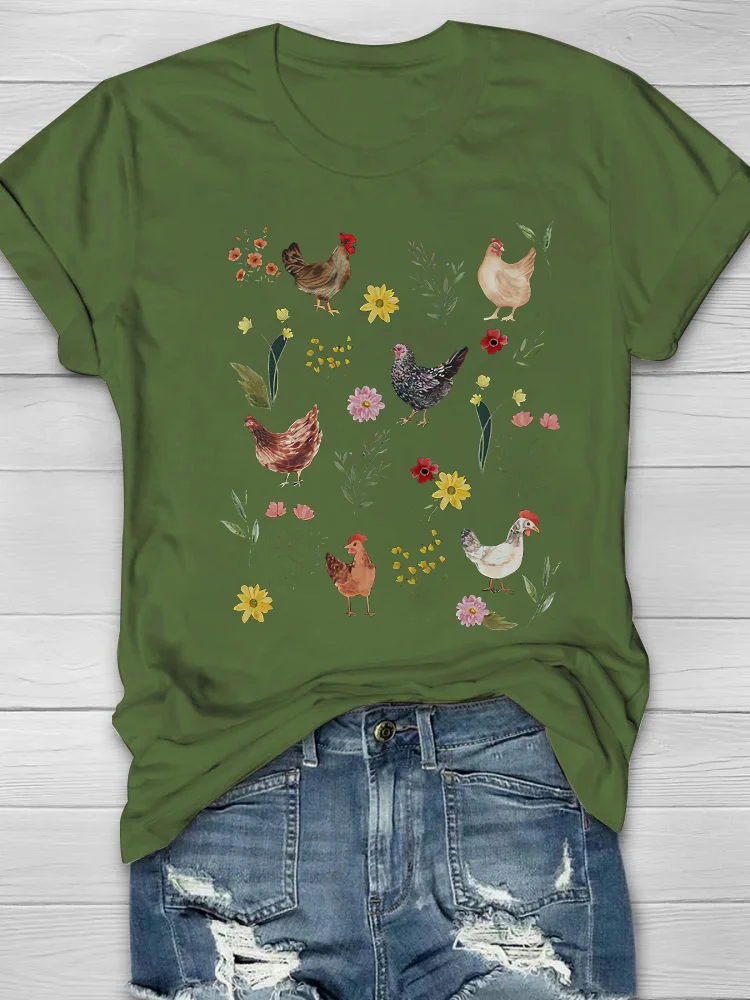 Wild Flower Chicken Printed Crew Neck T-shirt