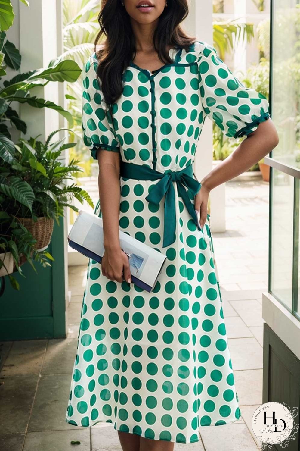 stylish printed high waist polka dot midi dress