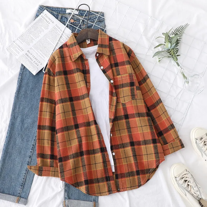 2021 New Long Sleeve Loose Casual Womens Plaid Shirt Fine Fresh College Style Design Blouses And Tops Female Checked Clothes