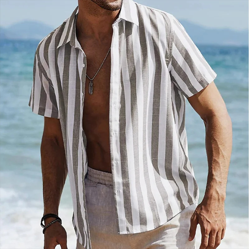  Striped Short-Sleeve Button-Up Shirt for Men - Perfect for Summer Beach Outings