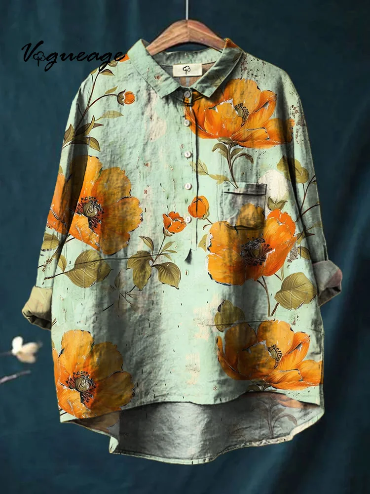 Dignified Gentle And Intellectual Flowers Printed Cotton And Linen Shirt