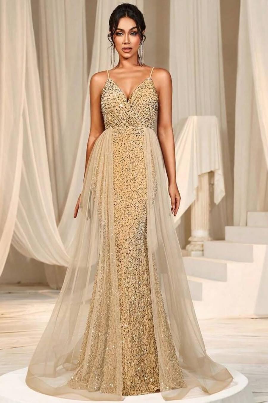 Lussooy Charming Beaded Champange Sleeveless V Neck Mermaid Prom Dress with Detachable Train 