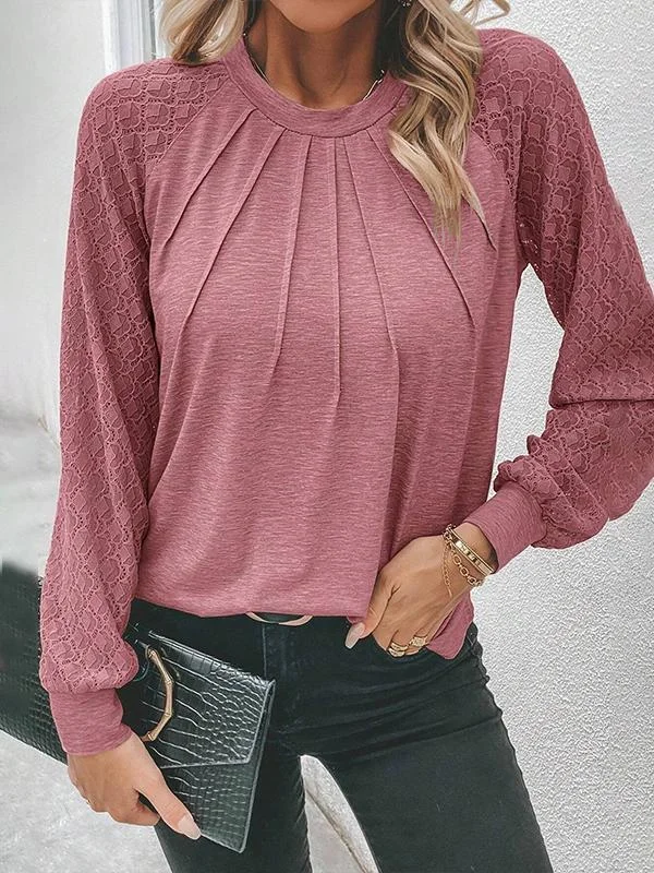 Light French Beige Contrast Lace Raglan Sleeve Pleated Crew Neck Top