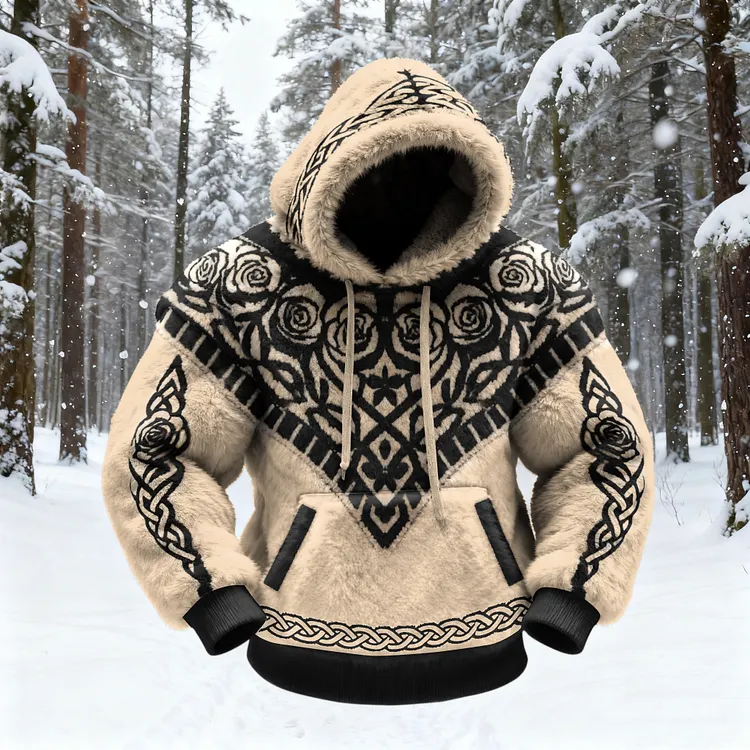 Men's Viking Tribal Jacquard Celtic Knot With Rose Inspired Art Plush Warm Hoodie