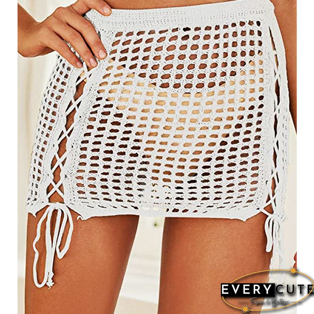 White Hollow-out Side Drawstring Beachwear Mini Skirt