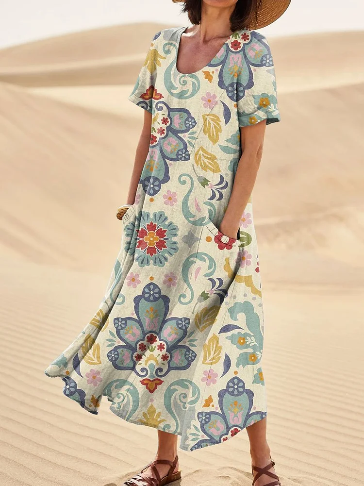 Women's Retro Floral Art Print Casual Linen Pocket Dress