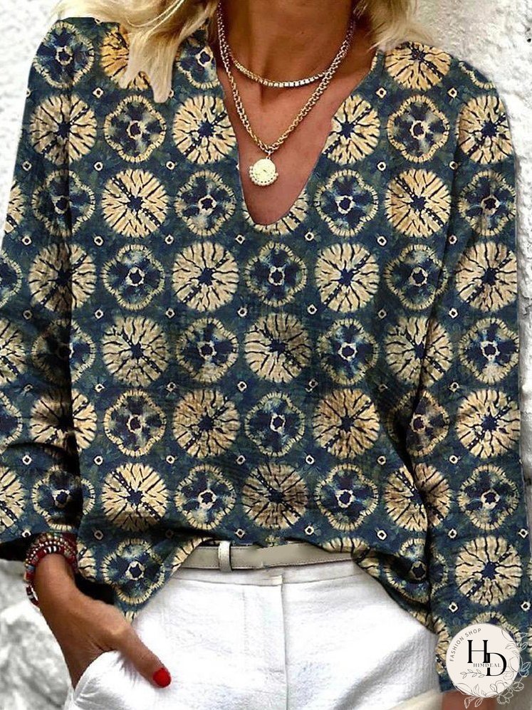 Blouses Vintage Print V-Neck Long Sleeve Blouse for Women
