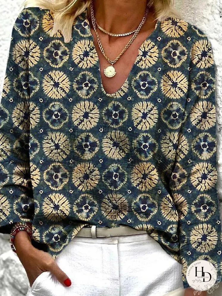 Blouses Vintage Print V-Neck Long Sleeve Blouse for Women