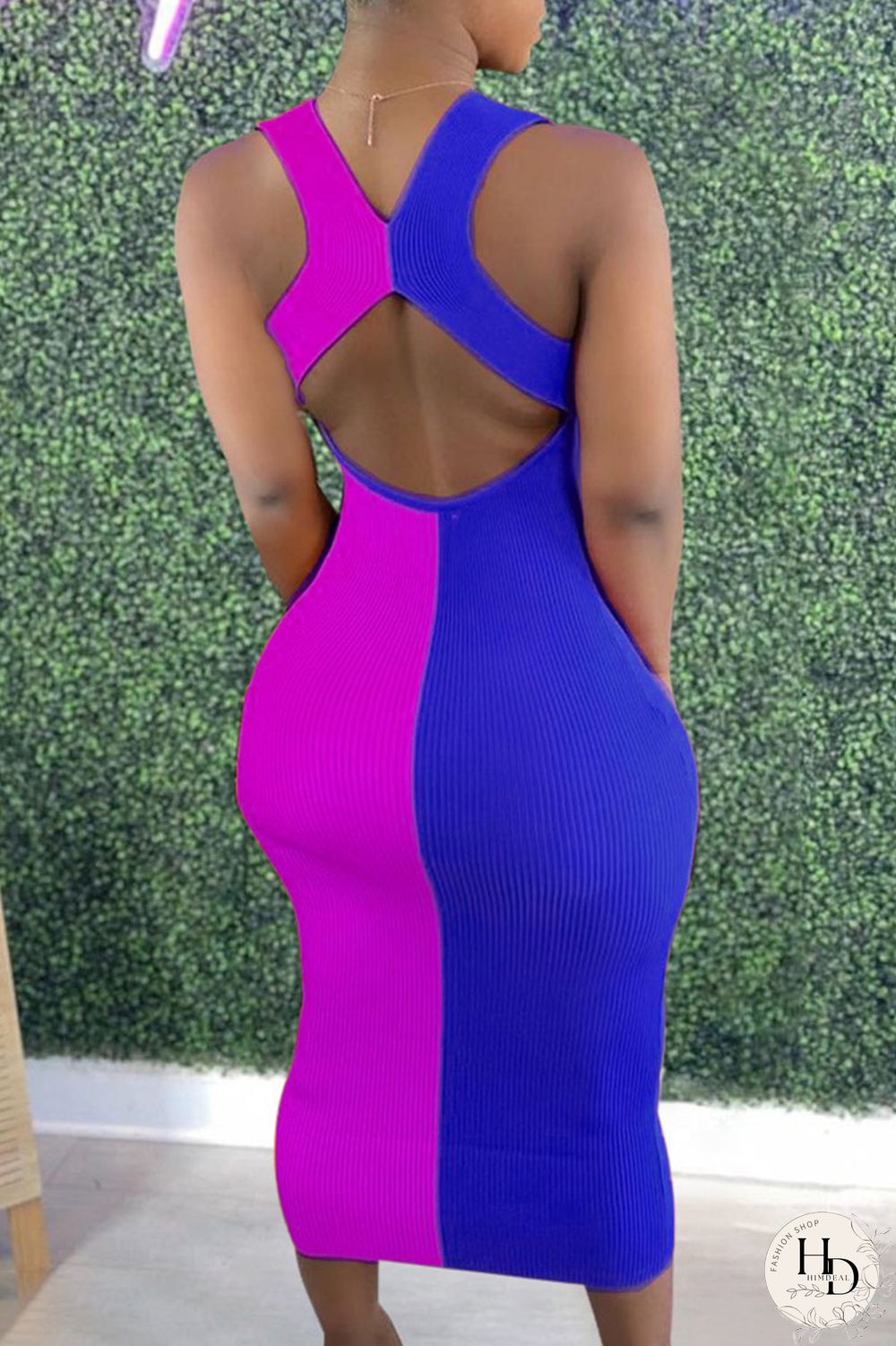 Deep Blue Casual Print Split Joint U Neck Pencil Skirt Dresses