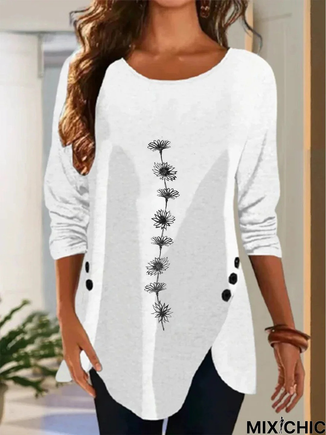 Casual Floral Crew Neck Long sleeve Loose Top TUNIC