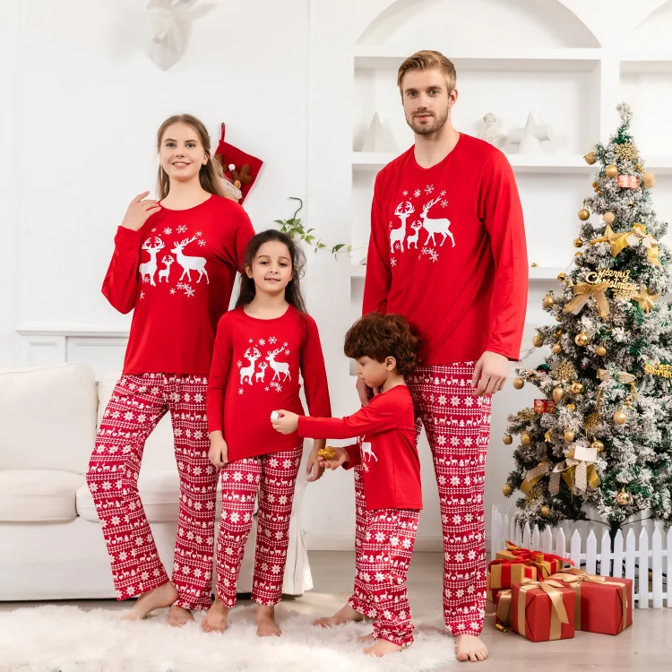 Christmas Red Deer Print Holiday Family Matching Pajamas Sets