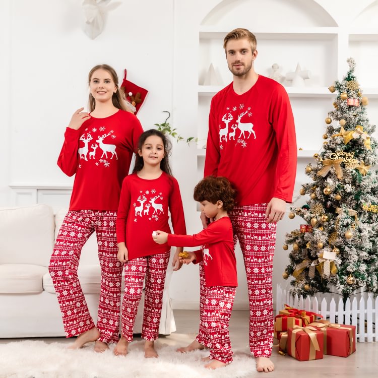 Christmas Red Deer Print Holiday Family Matching Pajamas Sets