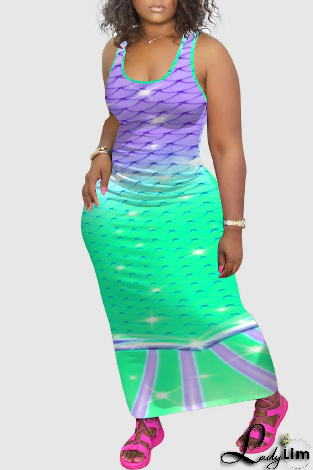 Tangerine Red Casual Print Split Joint U Neck Vest Dress Dresses