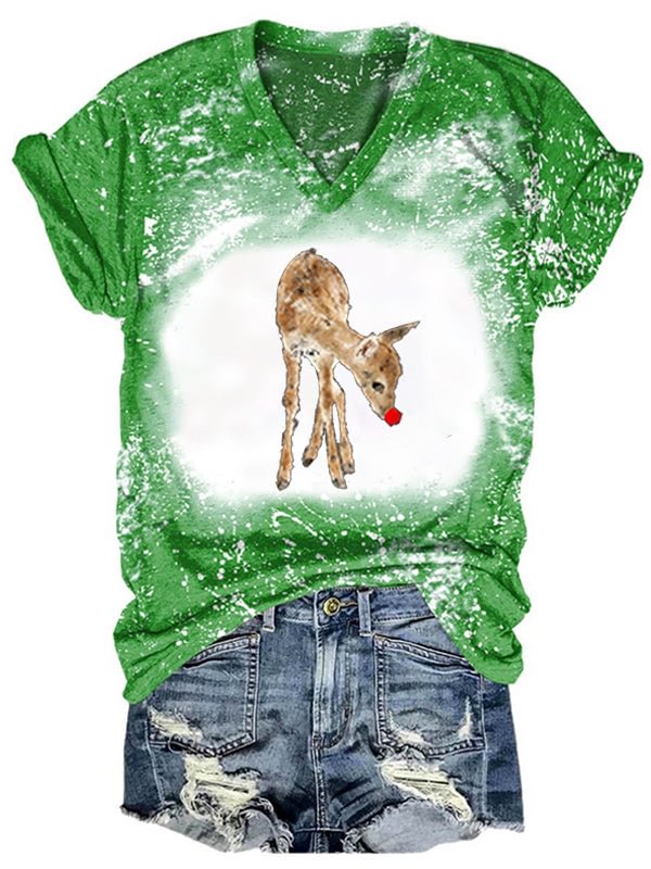 Short Sleeve V Neck Gradient Reindeer Letter Printed T-shirt