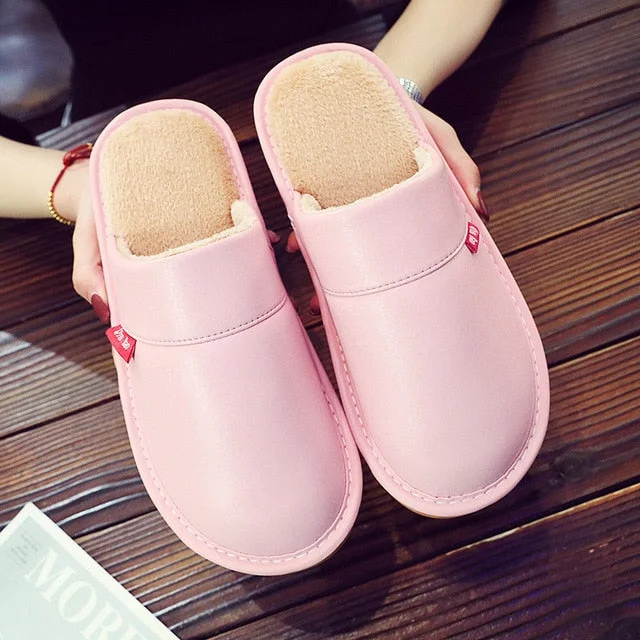 Women's Slippers home shoes 2020 New Winter Ladies Non Slip PU Leather Indoor Slippers for woman Windproof Designer family