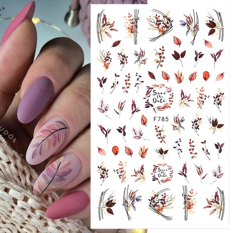 Black Lines Flowers Leaves 3D Charms Nail Stickers Autumn Fall Leaf Design Transfer Sliders Abstract Waves Nail Art Decals Decor