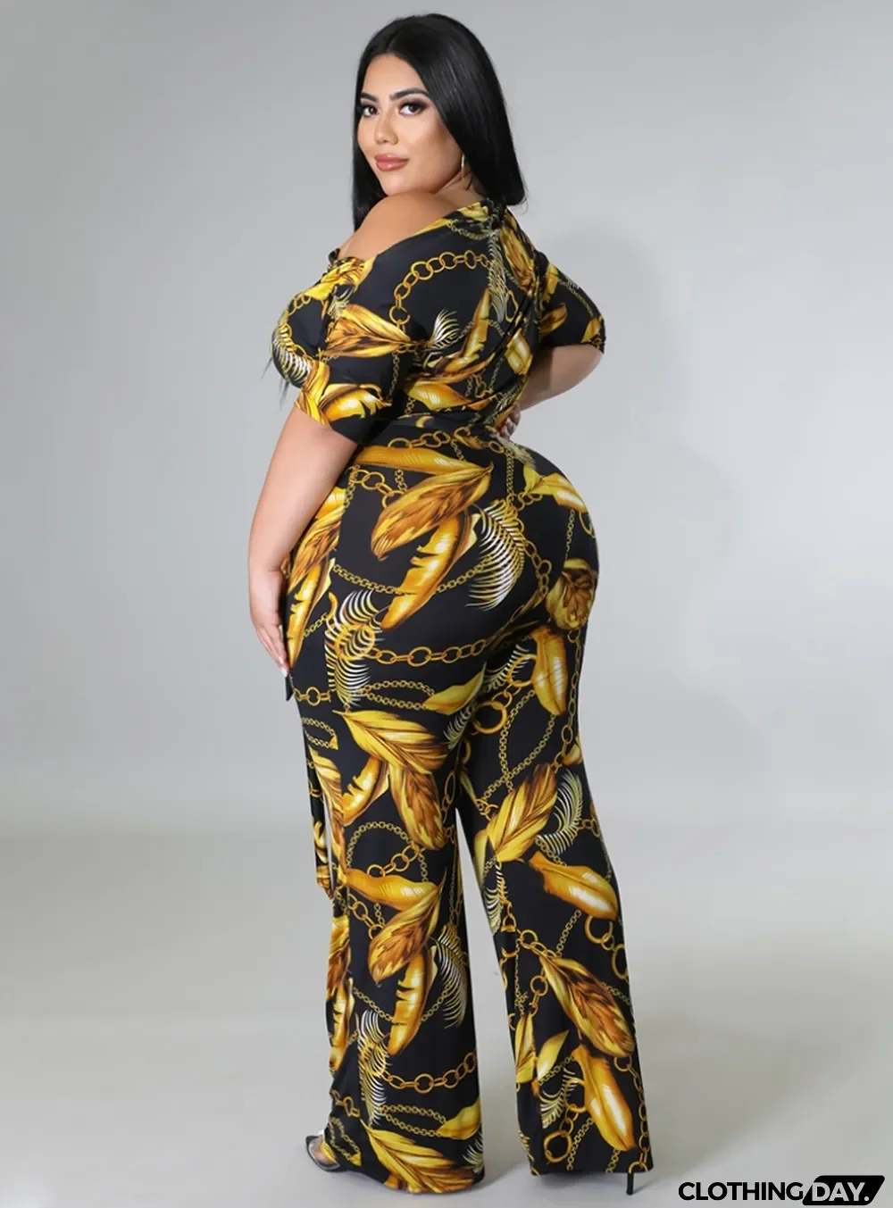 Women Autumn Gold Modest Slash Neck Half Sleeves Print Belted Full Length Loose Plus Size Jumpsuit