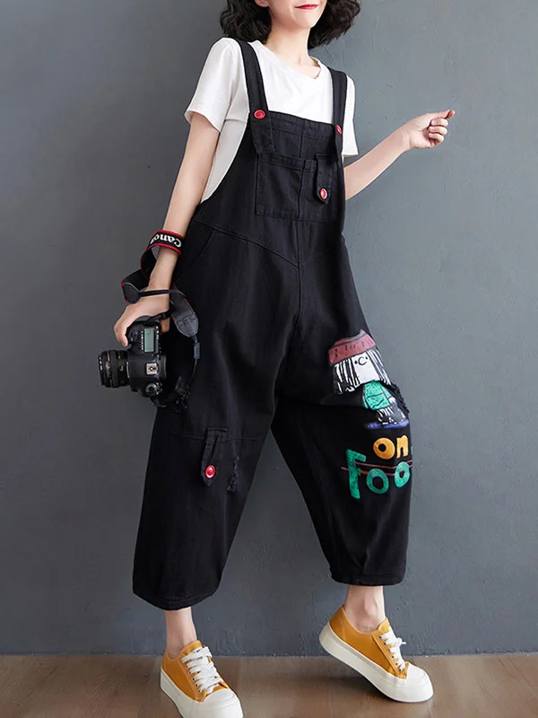 Charming Cartoon-Printed Puff Denim Overalls for a Playful Look