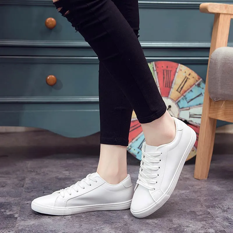2022 new spring tenis feminino lace-up white shoes woman PU Leather &amp; Canvas solid color female shoes casual white sneakers