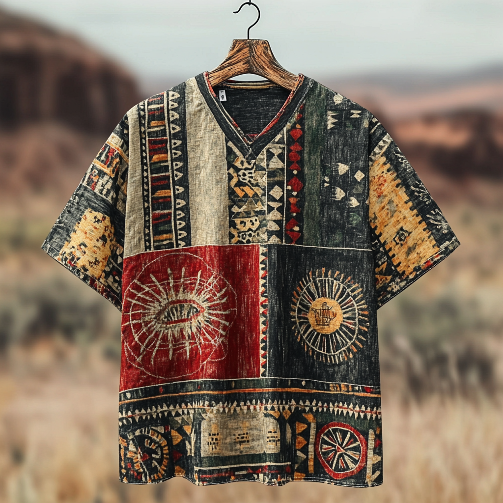Men's African Tribal Art Print Linen T-shirt