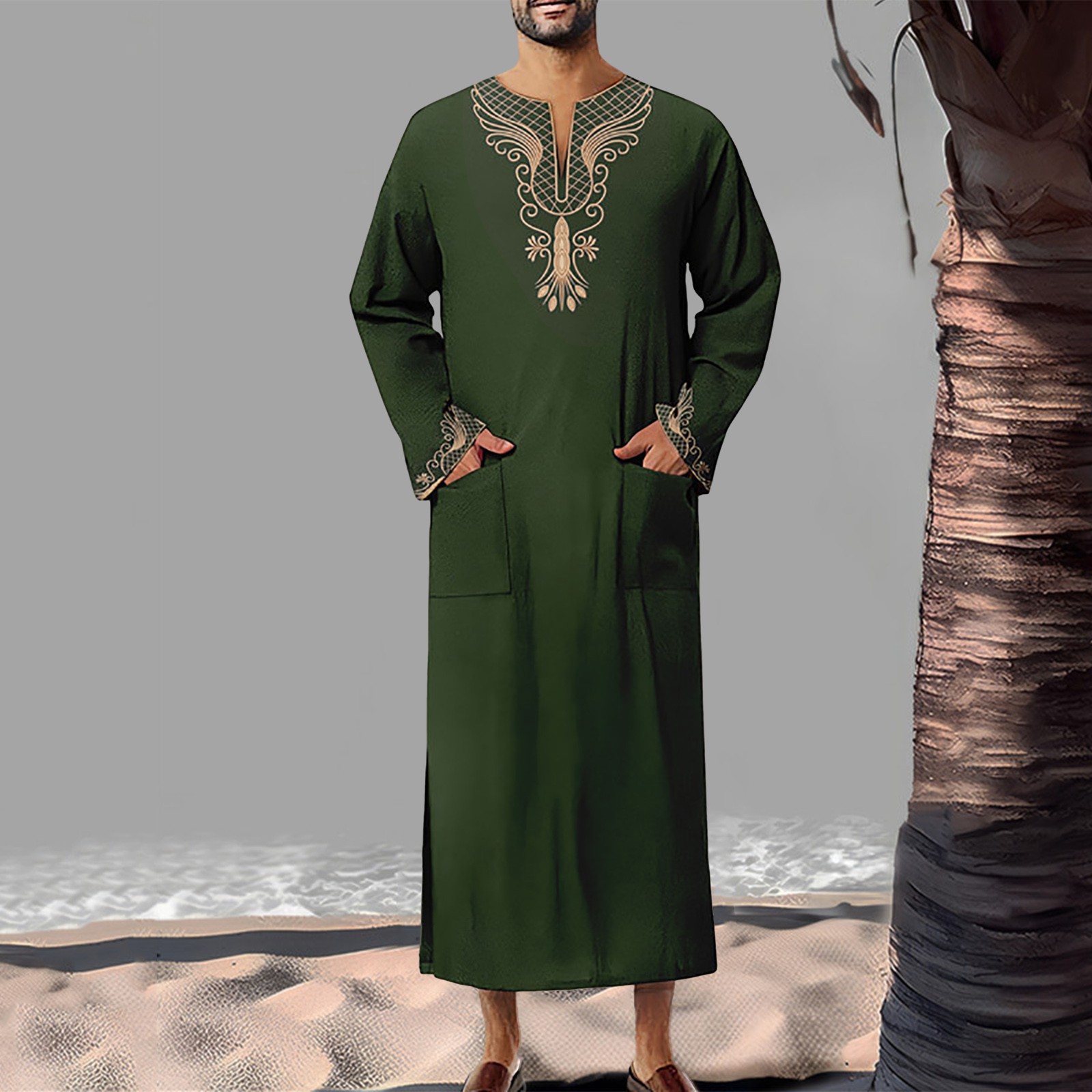 Soloyy men costume adult Men Shirts Summer Mens Arab Muslim Mens Long Sleeve Robe Printed V Neck Design Loose Breathable Robe 한국 동대문 2024