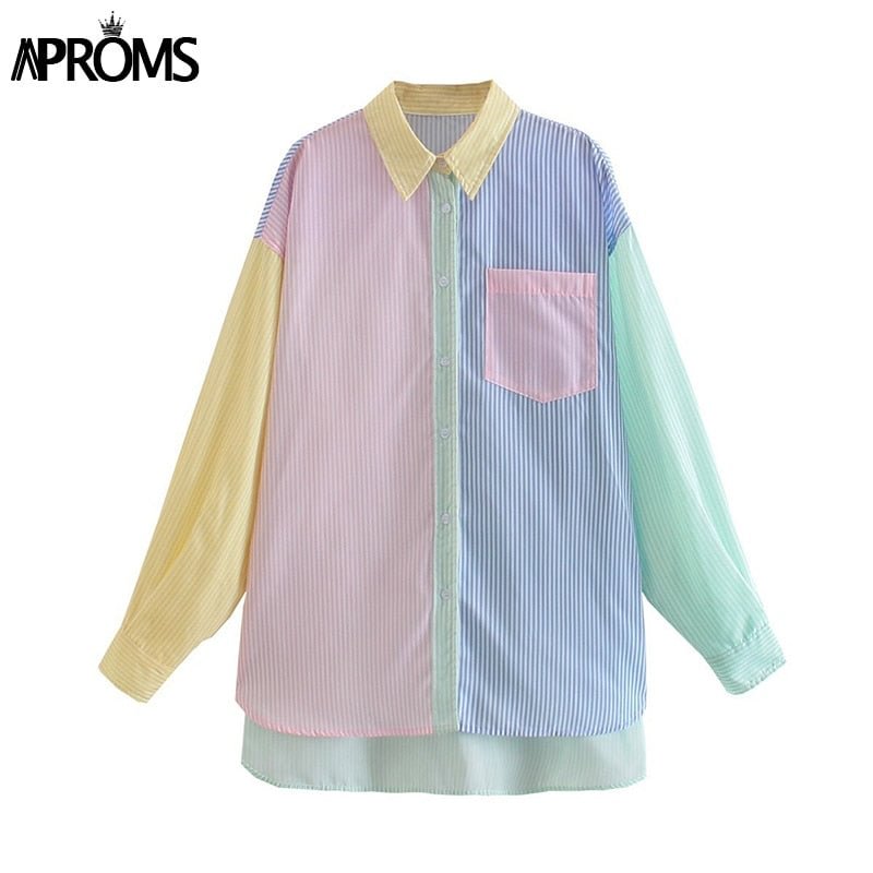 Aproms Elegant Multi Stripes Pink Pocket Oversized Long Shirt Women Summer 2021 High Fashion Long Sleeve Loose Shirts Casual Top
