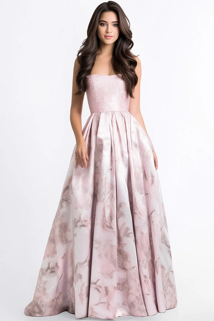 Zaruci Wedding Guest Pink Satin Strapless Jacquard Maxi Dress [Pre-Order]
