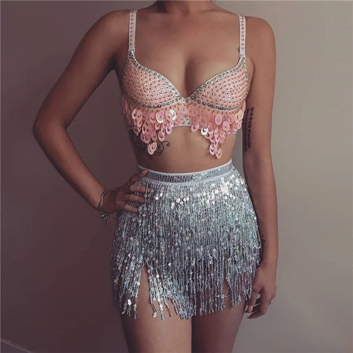 Sparkle Sequins Sexy 2 Piece Outfits Backless Low Cut Bra Crop Tops Bandage Long Tassel Mini Skirts Women Clubwear Matching Sets