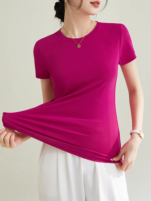 Solid Color Skinny Short Sleeves Round-Neck T-Shirts Tops