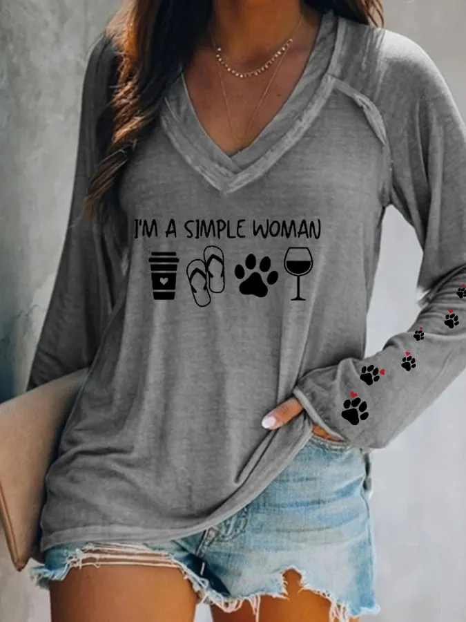 Women's  I'm A Simple Woman Dog Paws Casual Long-Sleeve T-Shirt