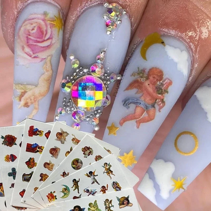 Angel Nails Stickers Water Transfer Nail Art Decals Cherub Angels Baby Sticker Rose Letters Tips