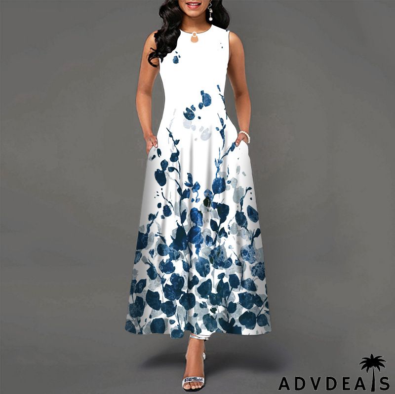 Women Fashion Plus Size Graphic Printing Sleeveless Swing Dress
