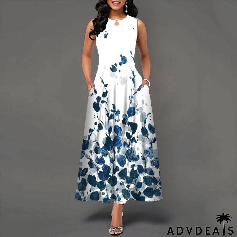 Women Fashion Plus Size Graphic Printing Sleeveless Swing Dress