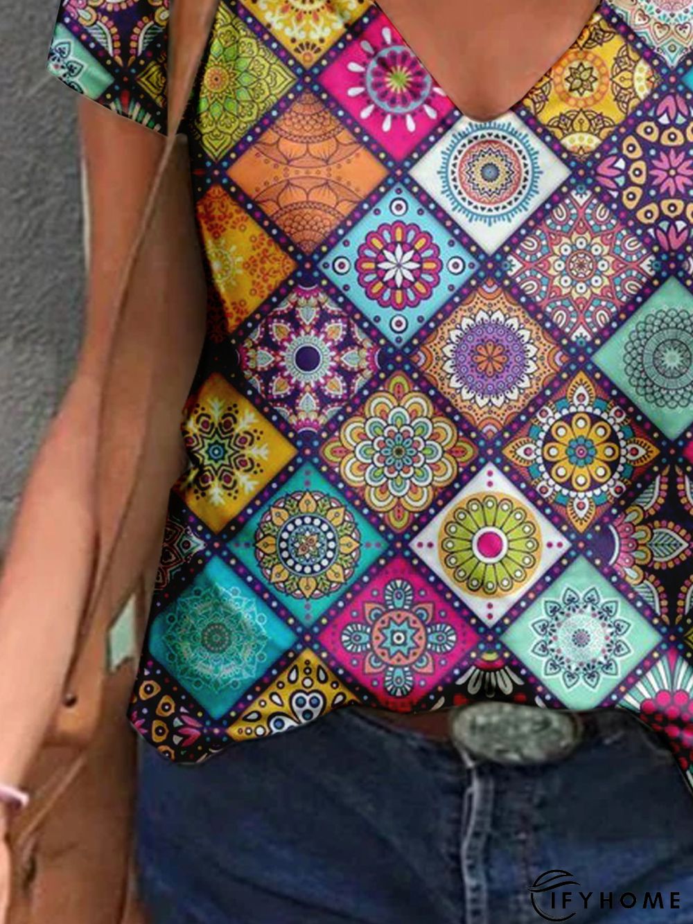 Paisley Short Sleeve Printed Cotton-blend V neck Casual Summer Multicolor Top | IFYHOME