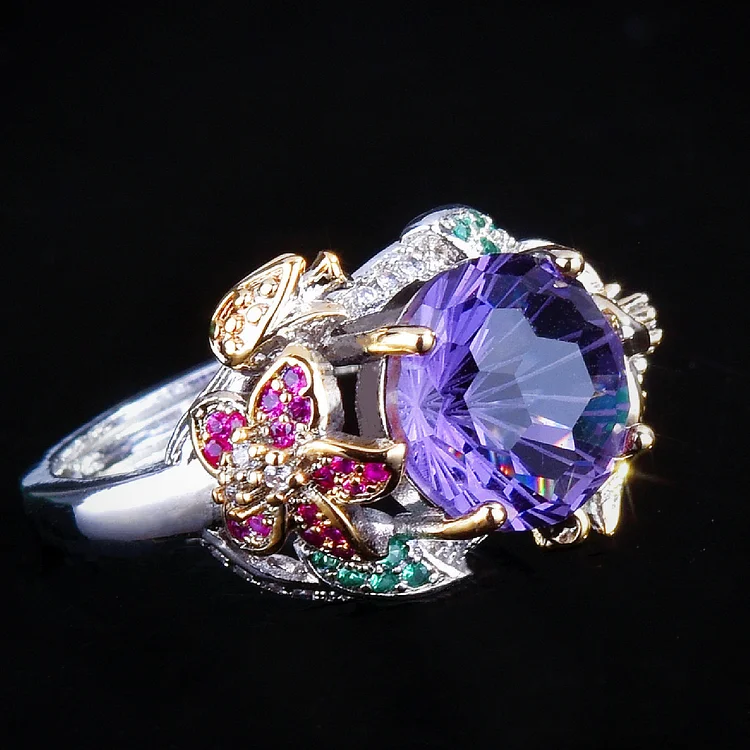 Flower Open Color Gemstone Amethyst Ring 