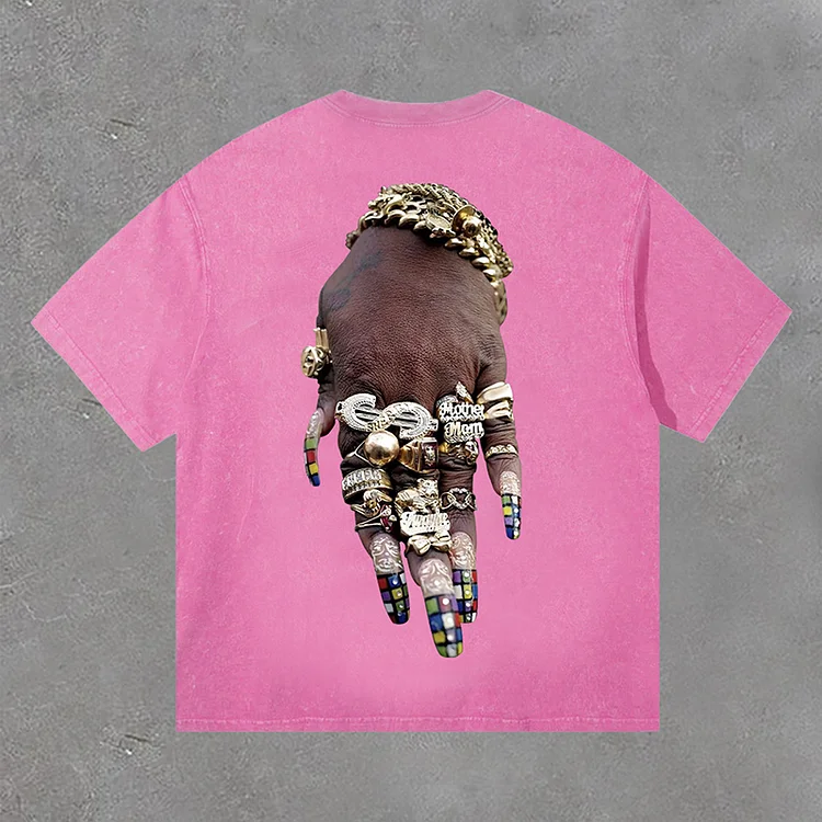 Fashionable Colorful Art Bracelet and Ring Print Acid Washed T-Shirt