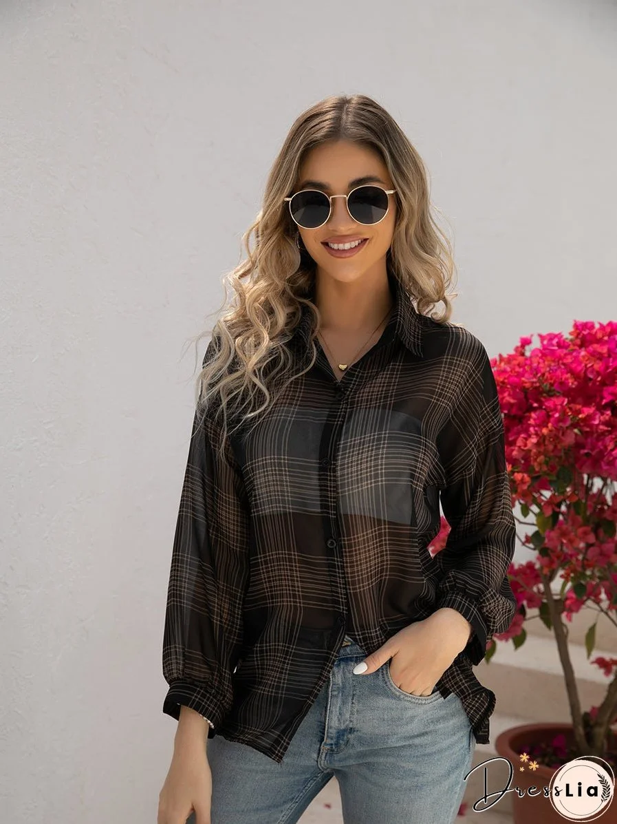 Plaid Hong Kong Style Long Sleeve Blouse