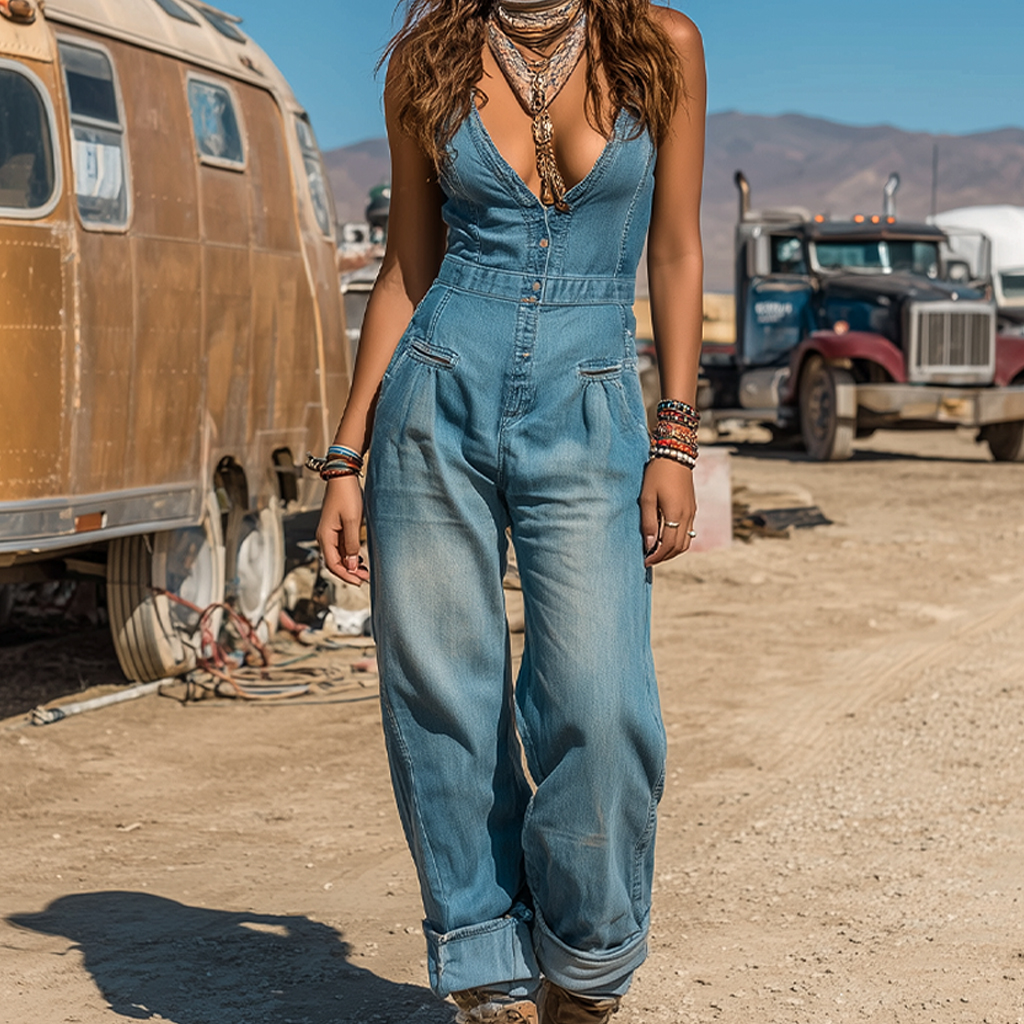 Women's Western Cowboy Style Outdoor Casual Denim Jumpsuit