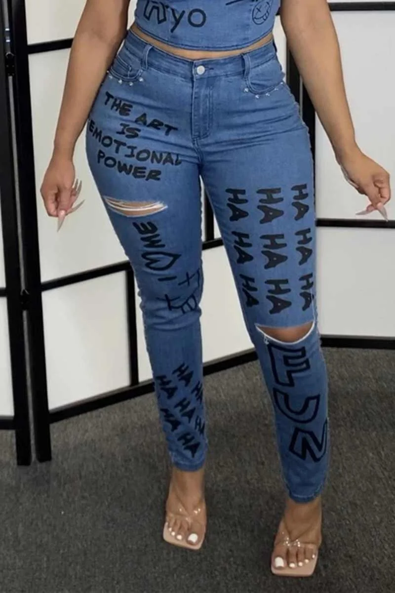 Casual Skinny Letter Print Trousers
