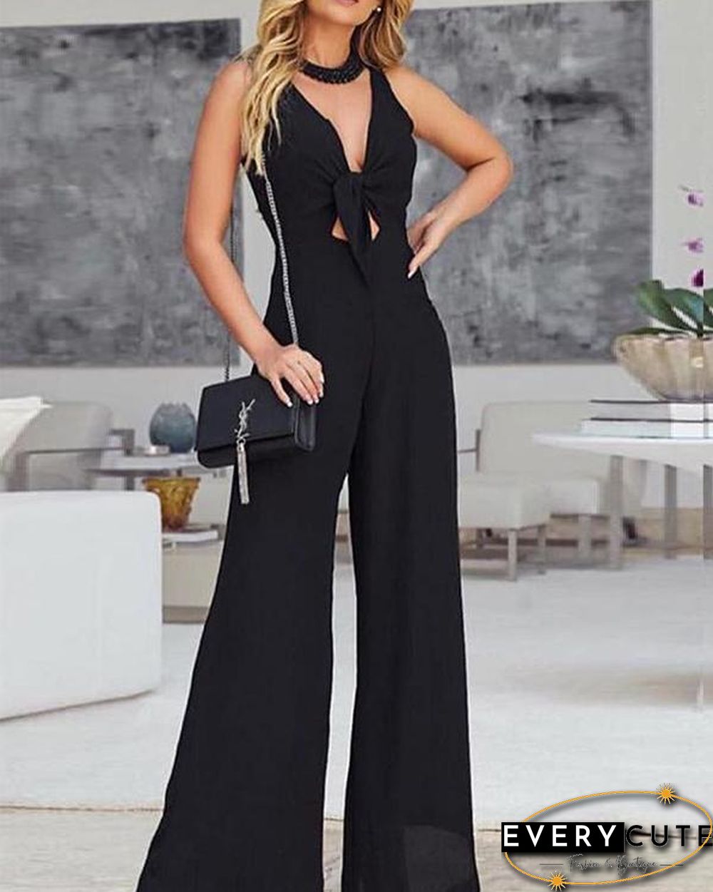 Loose Chiffon V-neck Mid-rise Jumpsuit