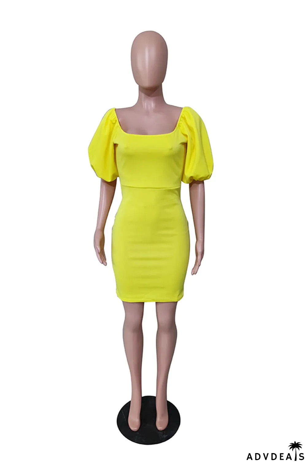 Yellow Sexy Casual Solid Basic Square Collar Short Sleeve Dress