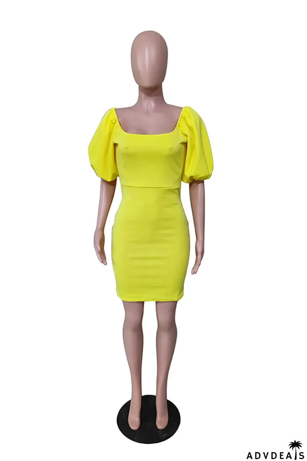 Yellow Sexy Casual Solid Basic Square Collar Short Sleeve Dress