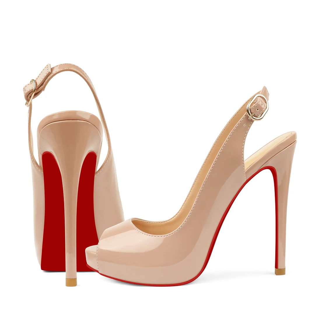120mm Red Bottom Elastic Strap Slingback Sandals Peep Toe Platform Stilettos Black Patent Heels-MERUMOTE