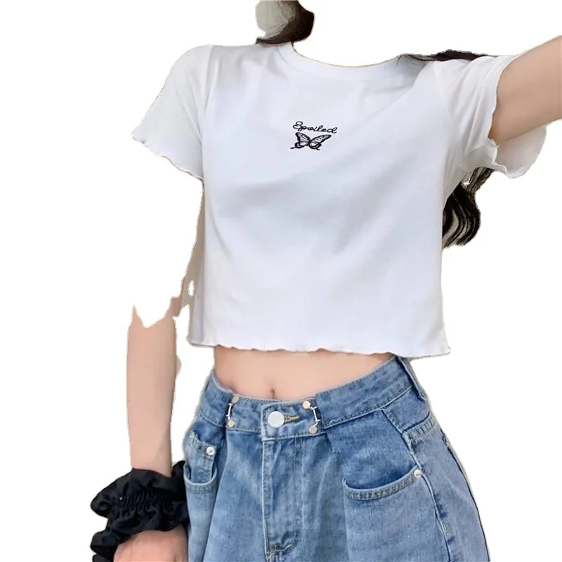 Uveng Uveng 2024 Summer High Waist Crop Short T-Shirt Women Slim And Thin Butterfly Embroidery Short-Sleeved Top Women