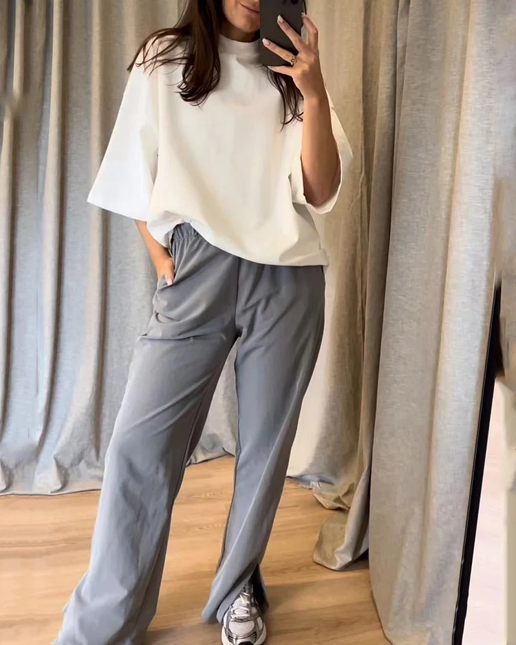 Solid Color Mid-sleeve Top & Casual Pants Two-piece Set