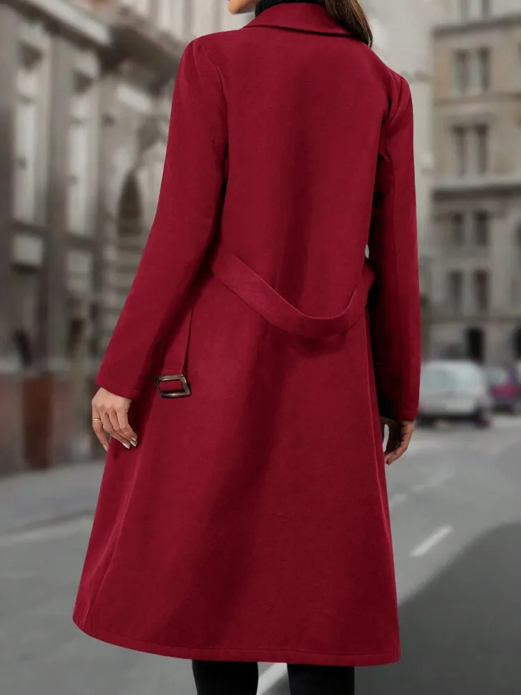 Women's Solid Color Notched Collar Long Sleeve Pocket Elegant Wool Blend Coat, Autumn/Winter