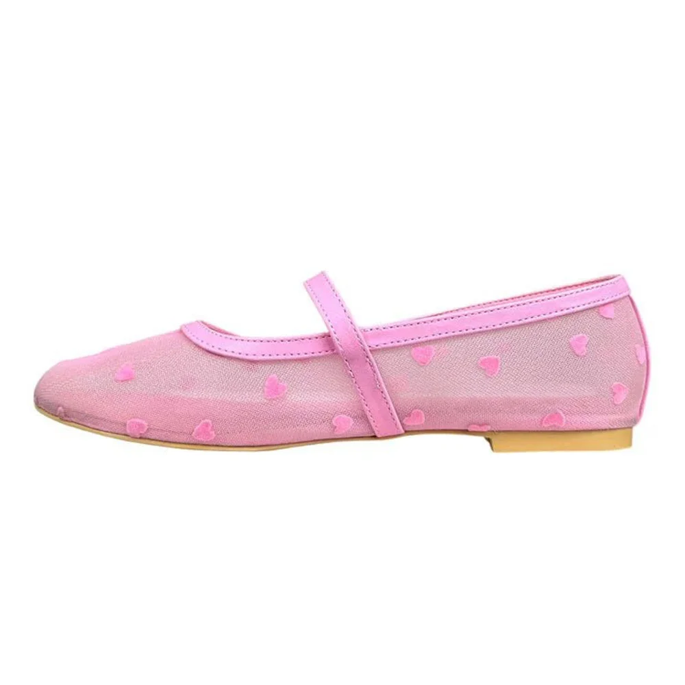 Pink Round Toe Velvet Flocked Hearts Comfy Mesh Flats with Buckle